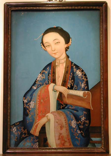 chinese   painting glass glass painting of Reverse glass a lady of on  court painting  a reverse