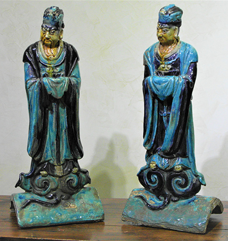 paire de tuiles faitires en grs maill turquoise - Paire de tuiles faitires en grs maill turquoise - Dynastie Ming XVII° sicle - terres-cuites